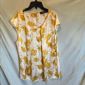 Kasper Cream Satin Top with Yellow Floral Print